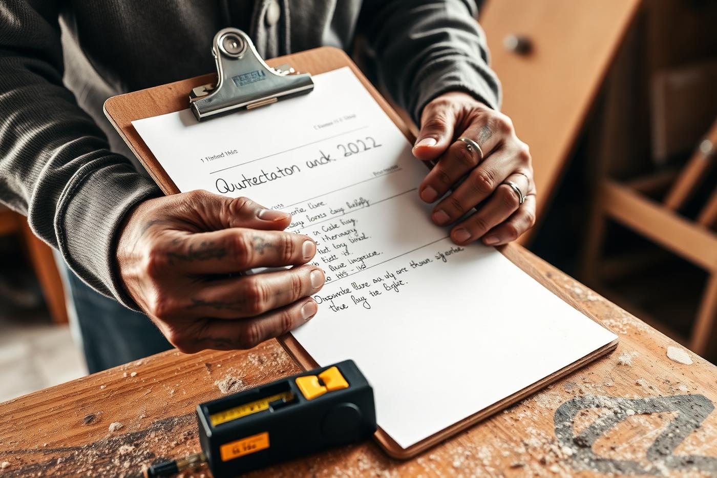 A written quotation on a clipboard resting on a workbench during a renovation